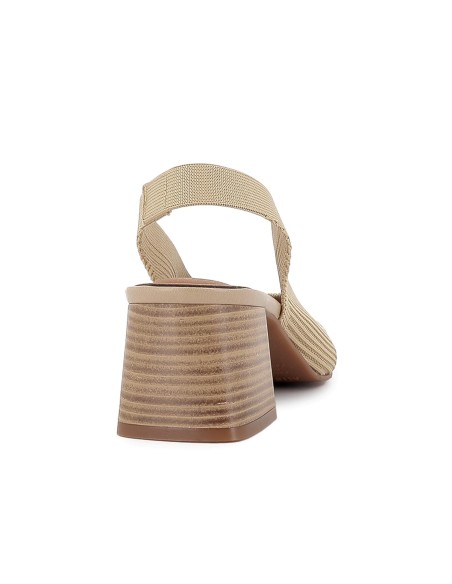 Zapato salon tejido licra con elastico y tacón ancho mujer beige