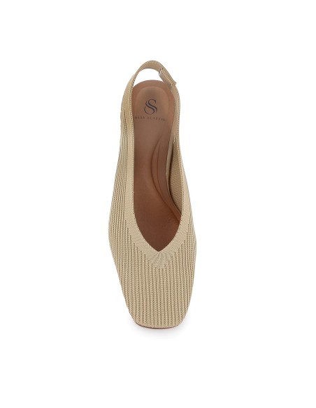 Zapato salon tejido licra con elastico y tacón ancho mujer beige