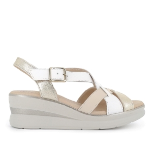 Sandalia piel tiras cruzadas cuña y hebilla mujer blanco