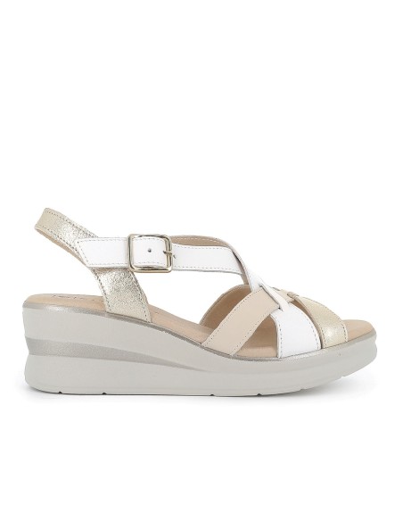 Sandalia piel tiras cruzadas cuña y hebilla mujer blanco