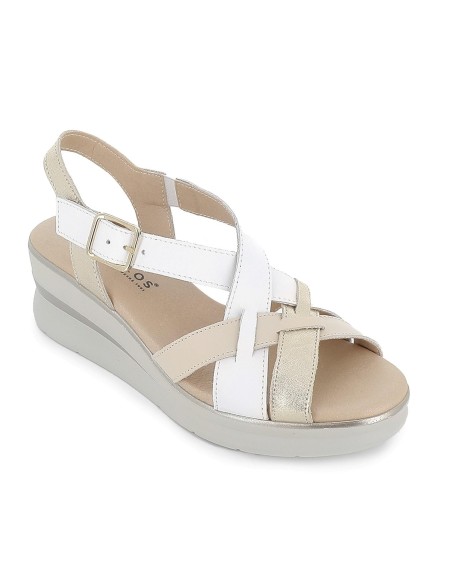 Sandalia piel tiras cruzadas cuña y hebilla mujer blanco