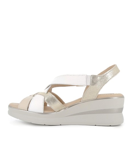 Sandalia piel tiras cruzadas cuña y hebilla mujer blanco