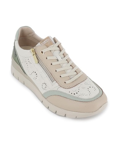 Deportiva piel troquelada cremallera y cuña mujer marfil