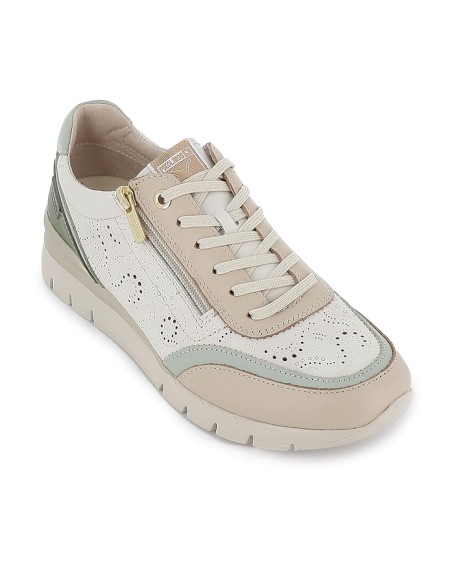 Deportiva piel troquelada cremallera y cuña mujer marfil