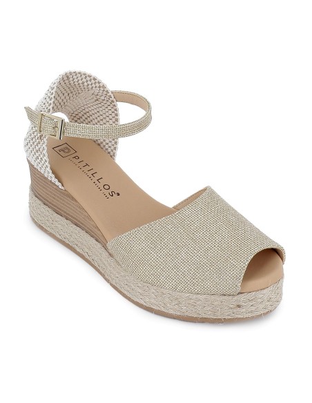 Sandalia piel correa y hebilla cuña plataforma mujer dorada