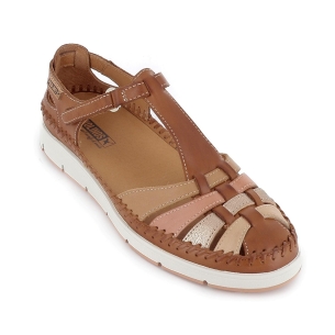 Sandalia cerrada piel multitiras y velcro con cuña mujer marron 2