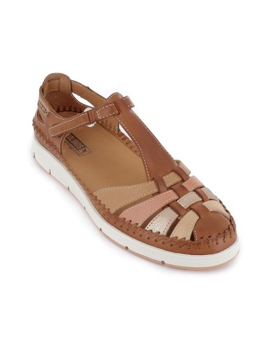 Sandalia cerrada piel multitiras y velcro con cuña mujer marron