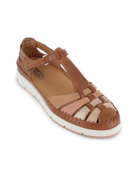 Sandalia cerrada piel multitiras y velcro con cuña mujer marron