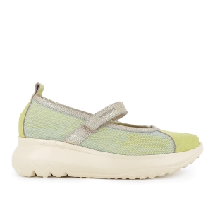 Zapato con correa piel y rejilla  velcro cuña ligera mujer dorado