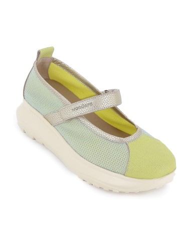 Zapato con correa piel y rejilla  velcro cuña ligera mujer dorado