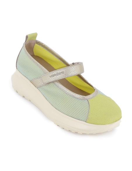 Zapato con correa piel y rejilla  velcro cuña ligera mujer dorado