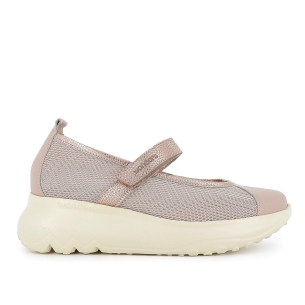 Zapato con correa piel y rejilla velcro cuña ligera mujer beige