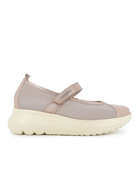 Zapato con correa piel y rejilla velcro cuña ligera mujer beige