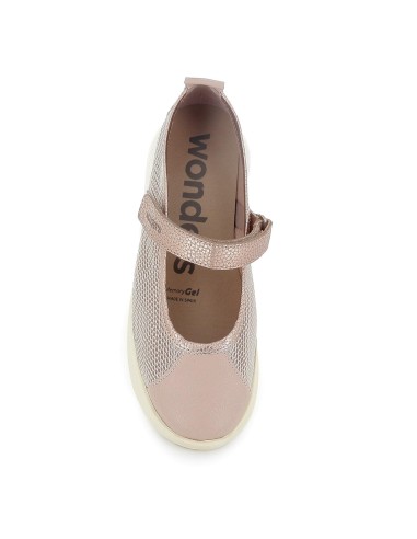Zapato con correa piel y rejilla velcro cuña ligera mujer beige