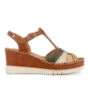 Sandalia piel cuña plataforma y correas mujer marron