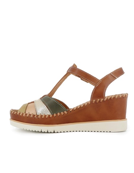 Sandalia piel cuña plataforma y correas mujer marron