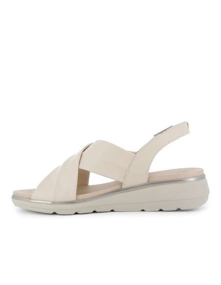Sandalia piel tiras cruzadas hebilla en talon y cuña mujer beige