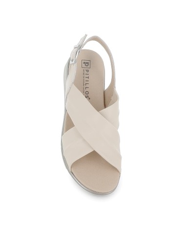 Sandalia piel tiras cruzadas hebilla en talon y cuña mujer beige