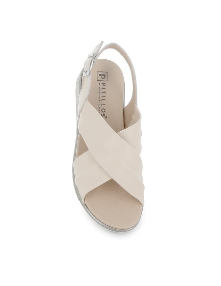 Sandalia piel tiras cruzadas hebilla en talon y cuña mujer beige