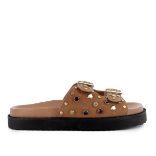 Zueco piel con 2 hebillas y plantilla acolchada mujer camel