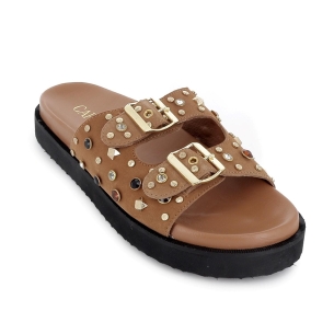 Zueco piel con 2 hebillas y plantilla acolchada mujer camel 2