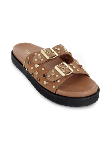 Zueco piel con 2 hebillas y plantilla acolchada mujer camel