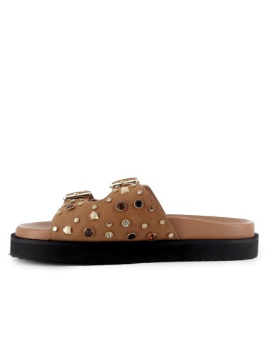 Zueco piel con 2 hebillas y plantilla acolchada mujer camel