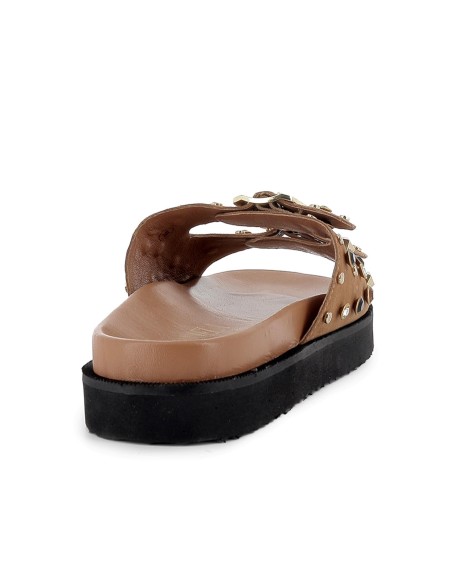 Zueco piel con 2 hebillas y plantilla acolchada mujer camel