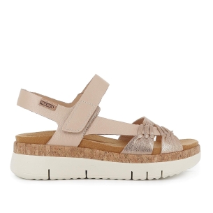 Sandalia de piel con cuña baja para mujer dorada