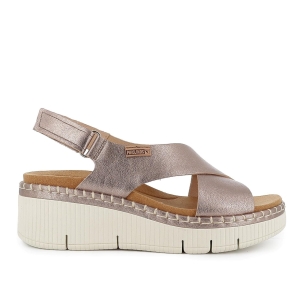 Sandalia piel tiras cruzadas con cuña y plataforma mujer gris