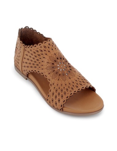 Sandalia abotinada piel picados laser plana mujer cuero