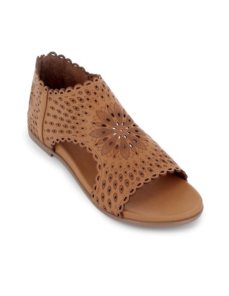 Sandalia abotinada piel picados laser plana mujer cuero