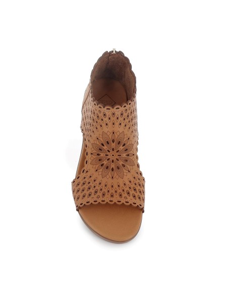 Sandalia abotinada piel picados laser plana mujer cuero