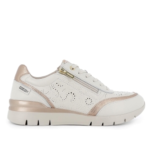 Deportiva piel troquelada cremallera y cuña mujer blancas