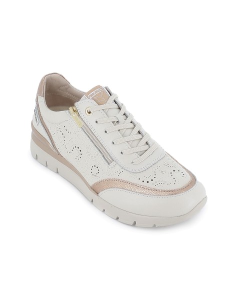 Deportiva piel troquelada cremallera y cuña mujer blancas