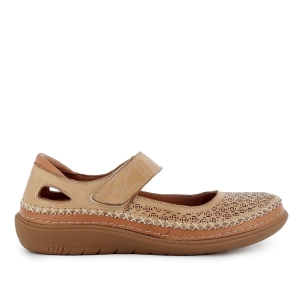 Zapato correa piel picados diseño velcro cuña media mujer beige