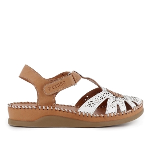 Sandalia cangrejera piel picados velcro cuña baja mujer blanco