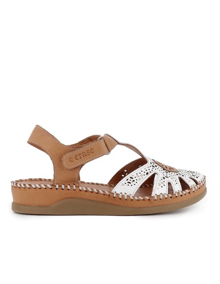 Sandalia cangrejera piel picados velcro cuña baja mujer blanco