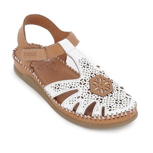 Sandalia cangrejera piel picados velcro cuña baja mujer blanco 2