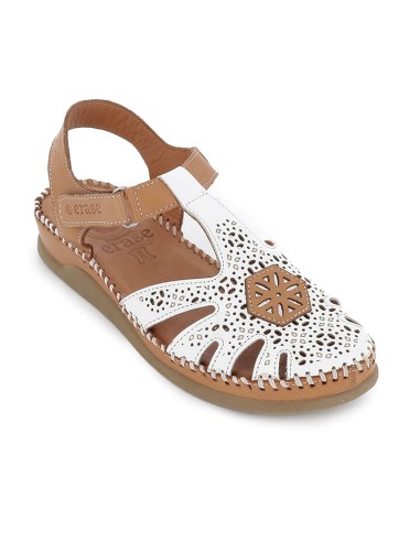 Sandalia cangrejera piel picados velcro cuña baja mujer blanco