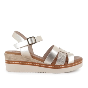 Sandalia cuña piel grabada y hebilla mujer dorado