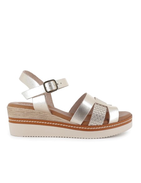 Sandalia cuña piel grabada y hebilla mujer dorado