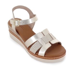 Sandalia cuña piel grabada y hebilla mujer dorado 2