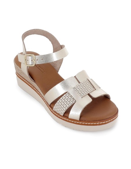 Sandalia cuña piel grabada y hebilla mujer dorado