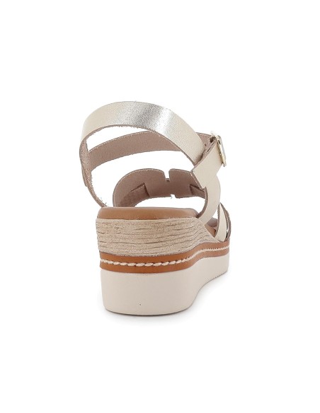 Sandalia cuña piel grabada y hebilla mujer dorado