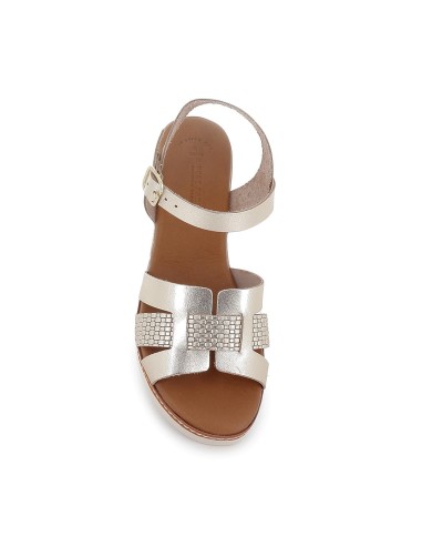 Sandalia cuña piel grabada y hebilla mujer dorado