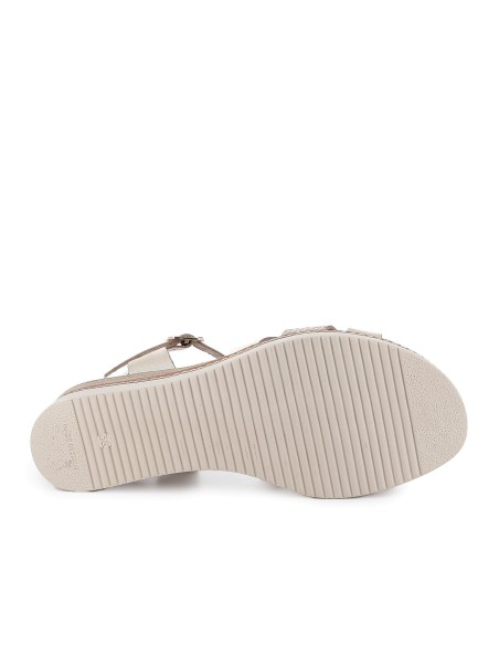 Sandalia cuña piel grabada y hebilla mujer dorado