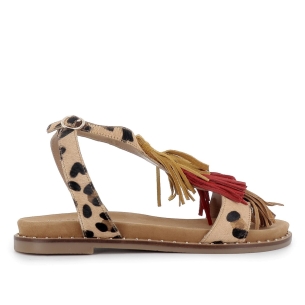 Sandalia piel con flecos plantilla acolchada plana mujer beige