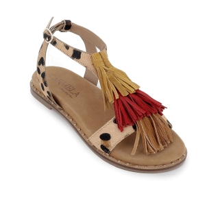 Sandalia piel con flecos plantilla acolchada plana mujer beige 2