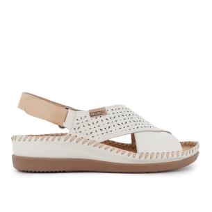 Sandalia piel picados con cuña y velcro mujer blanca